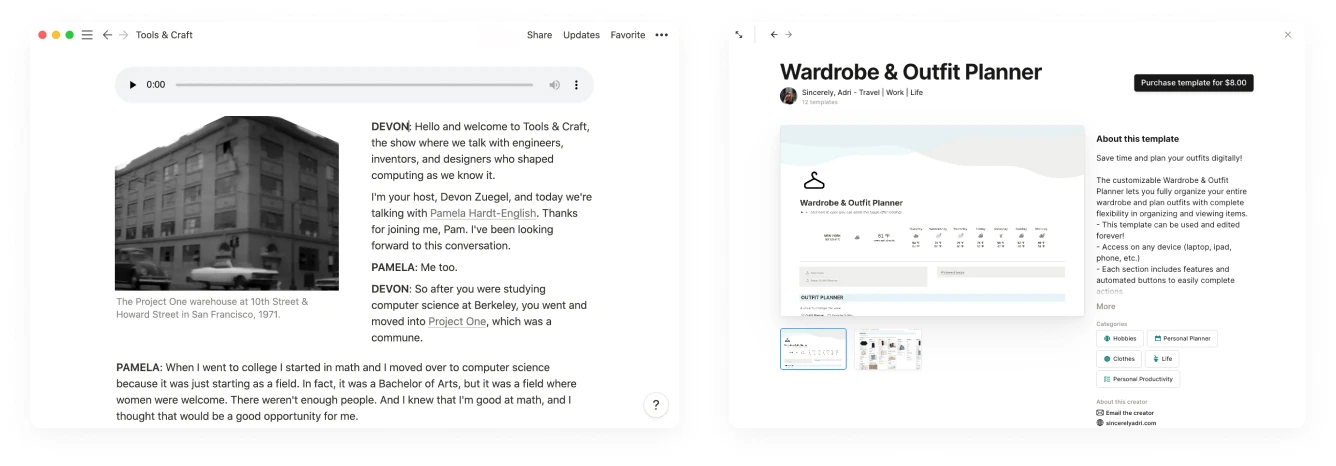 Notion 網站設計風格示意 — Wardrobe & Outfit Planner