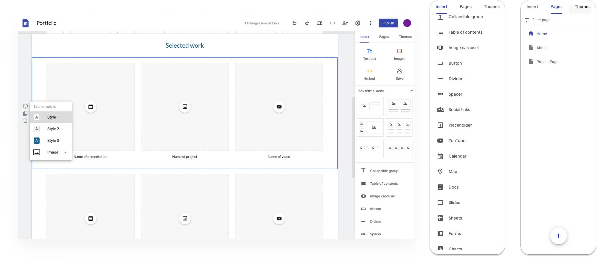 Google Sites 針對簡易網站提供模組化的小工具讓使用者直接加入