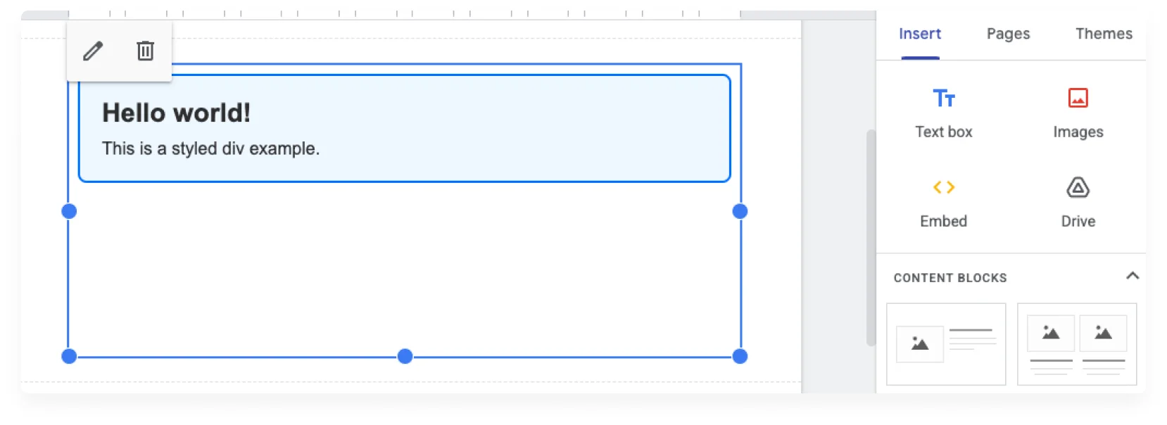 Google Sites 讓使用者可以透過內嵌 HTML 語言的方式,達到自定義元件樣式效果