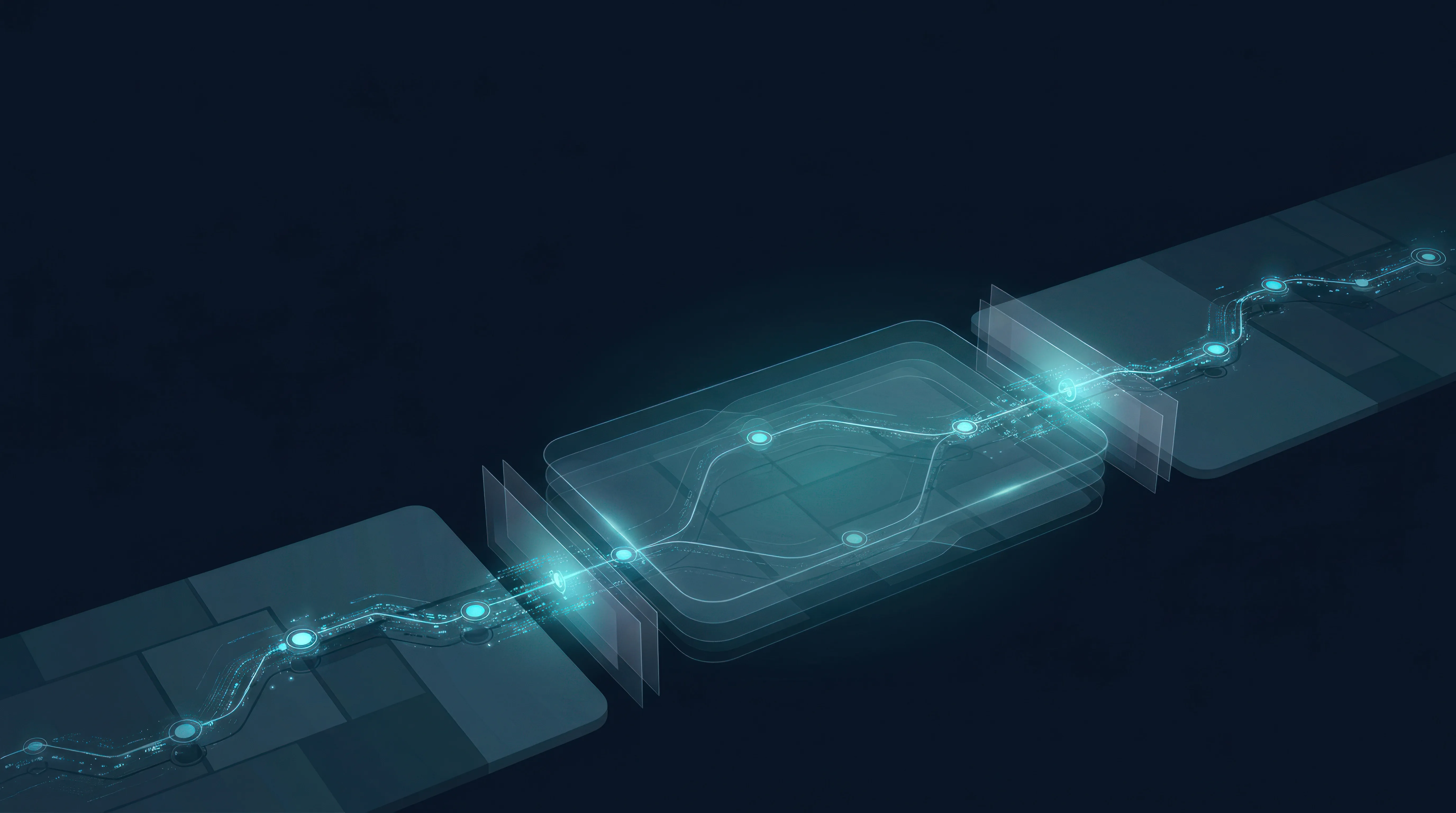 Digital abstract representation of a data pipeline or flow with glowing nodes connected by curved blue lines passing through layered transparent squares on a dark background.