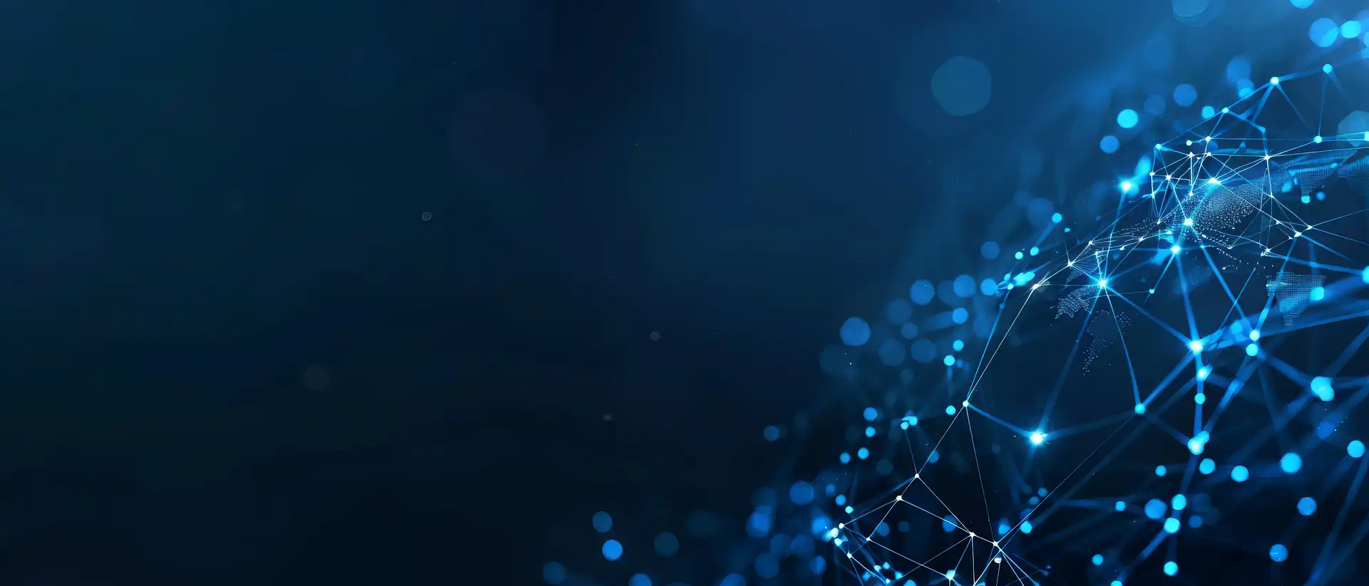 Abstract digital network globe on right side with glowing blue interconnected points and lines on dark blue background.