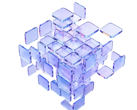 Transparent blue glass-like cubes forming a larger cube with pieces floating around it.