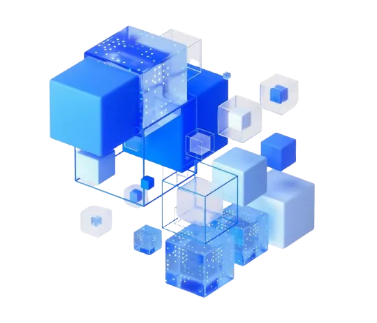 Abstract 3D illustration of blue and transparent cubes of various sizes floating and overlapping on a light background.
