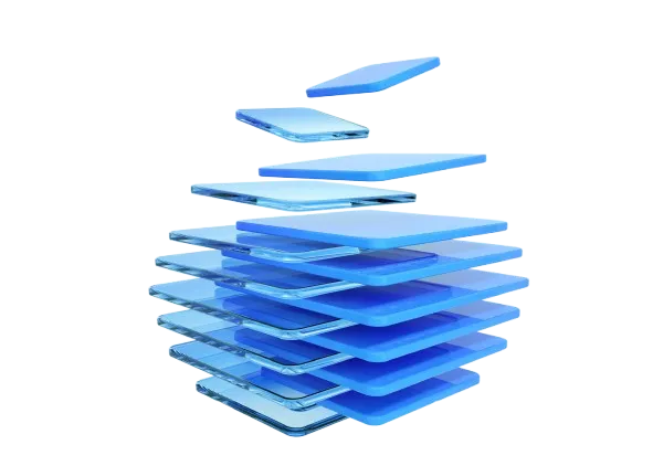 Exploded view of layered translucent blue panels floating in a stack against black, suggesting sleek technology, structure, and innovation.