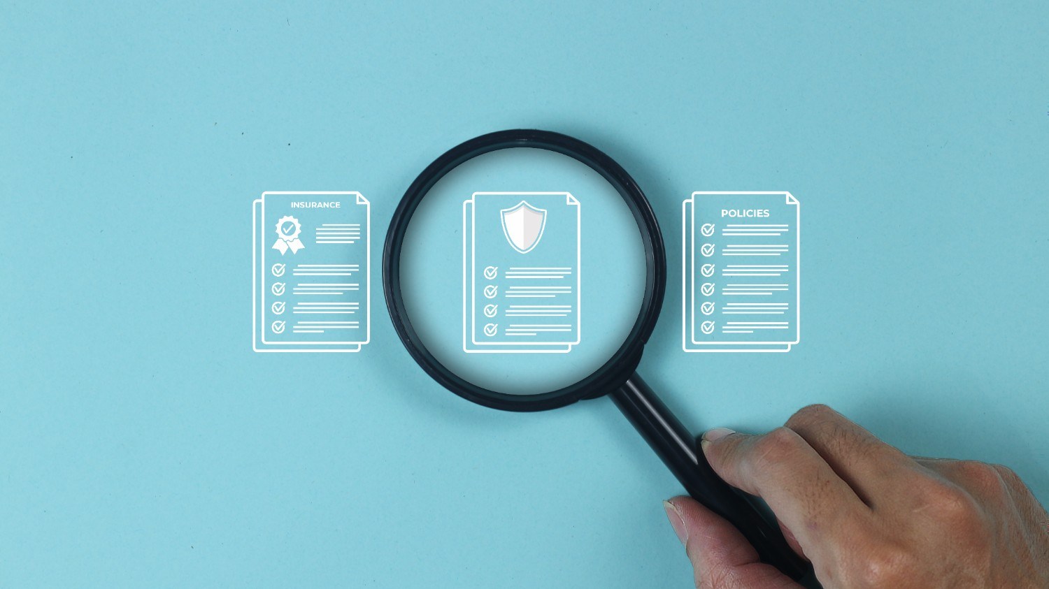 A hand holding a magnifying glass over a shield document icon, with two other white document icons on a blue background.