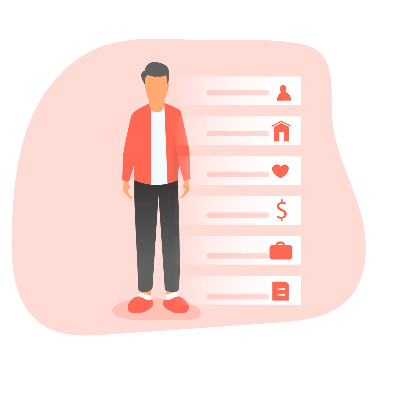 Illustration d'un profil utilisateur avec des informations personnelles listées : identité, logement, santé, finances, emploi et documents.