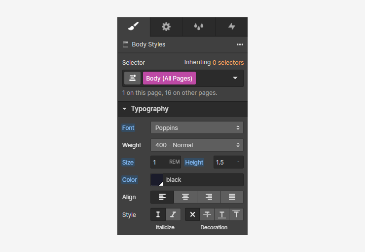 screenshot of webflow designer showing root font size