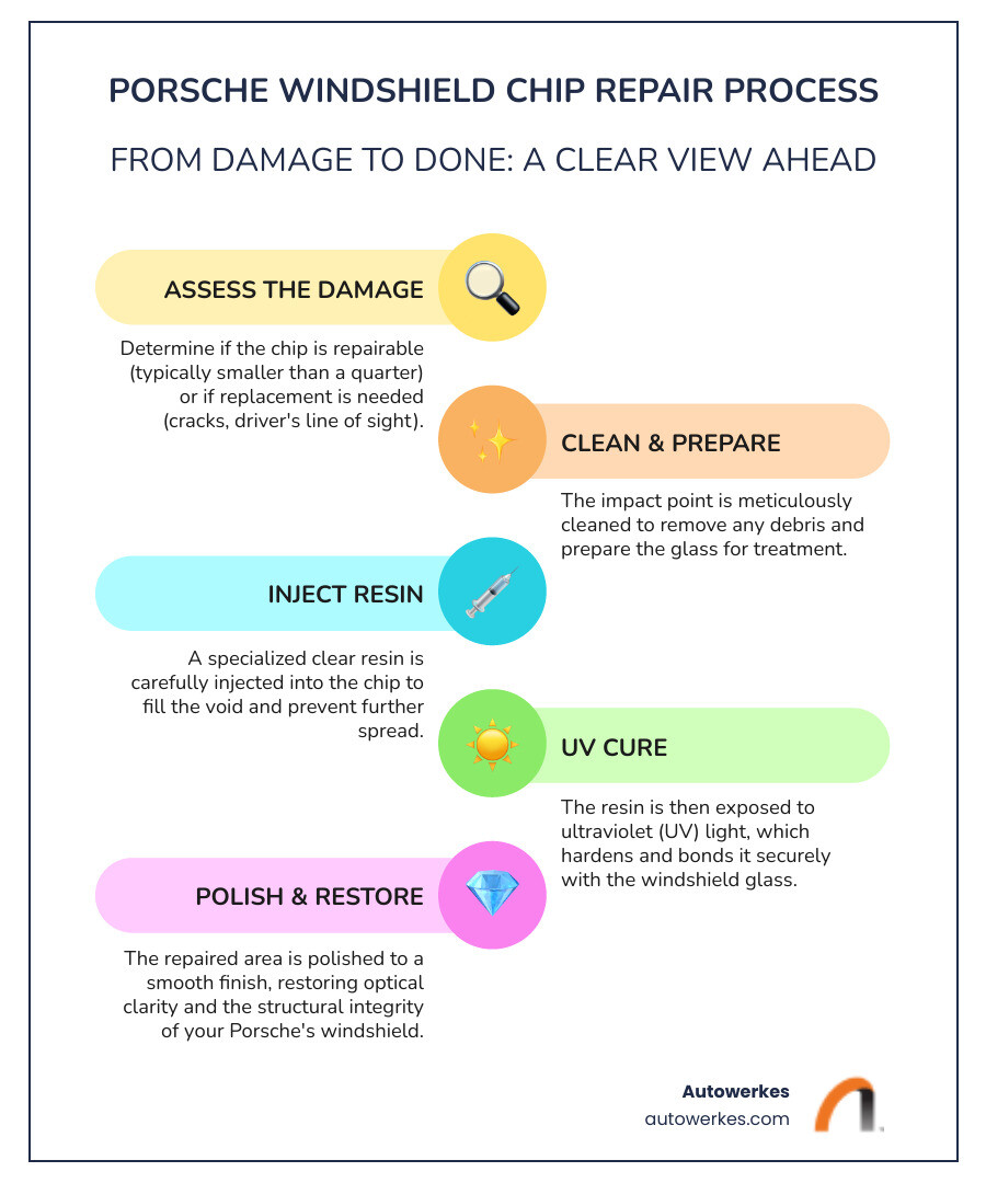Infographic showing the repair process for Porsche windshield chips including damage assessment, resin injection, UV curing, and final polishing with decision criteria for repair versus replacement - Porsche windshield chip repair infographic infographic-line-5-steps-colors