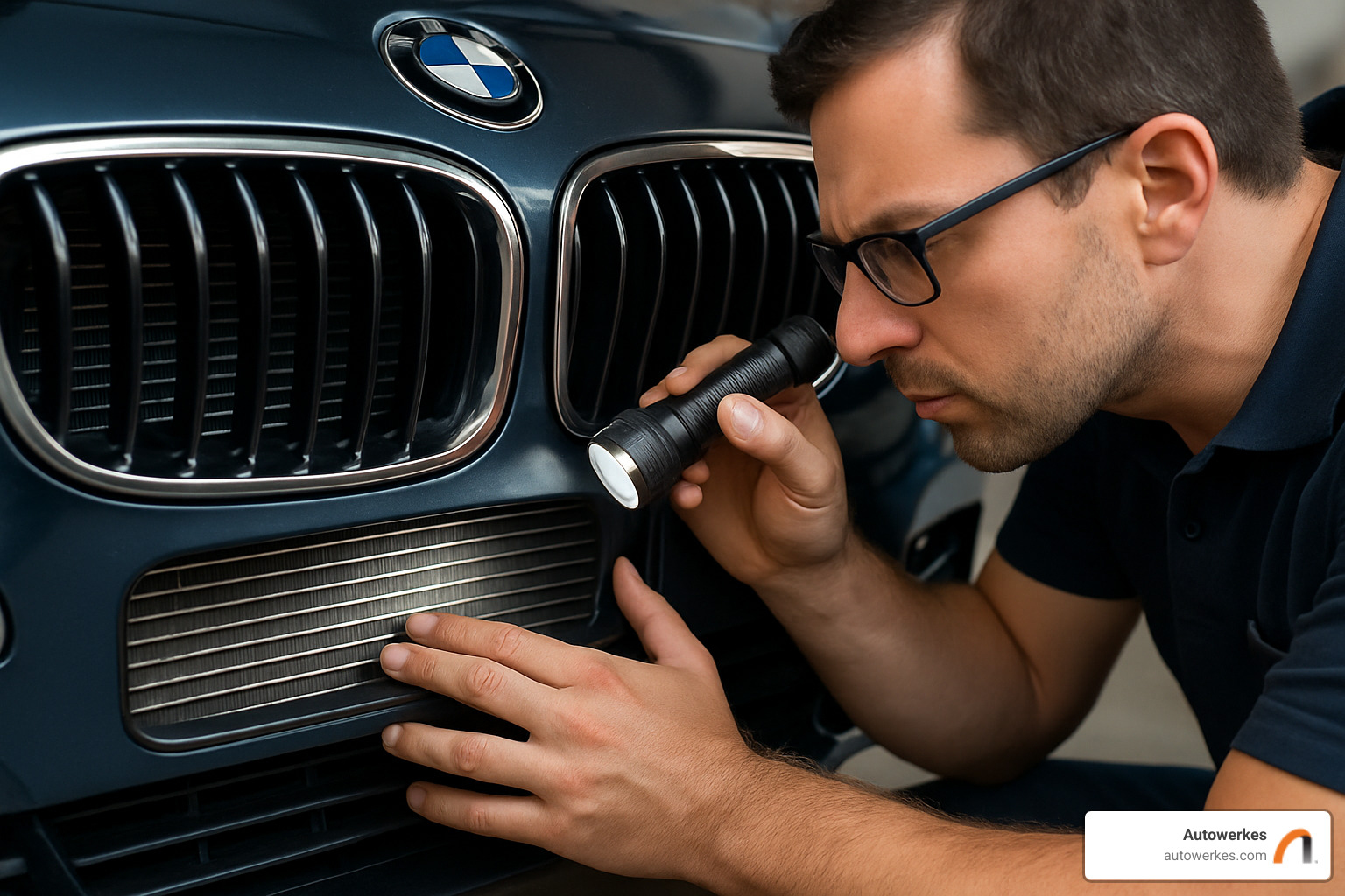 A technician inspecting a BMW's AC condenser through the front grille - bmw air conditioning repair