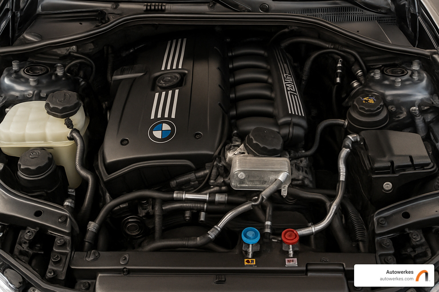 A clean BMW engine bay highlighting AC components and maintenance points - bmw air conditioning repair