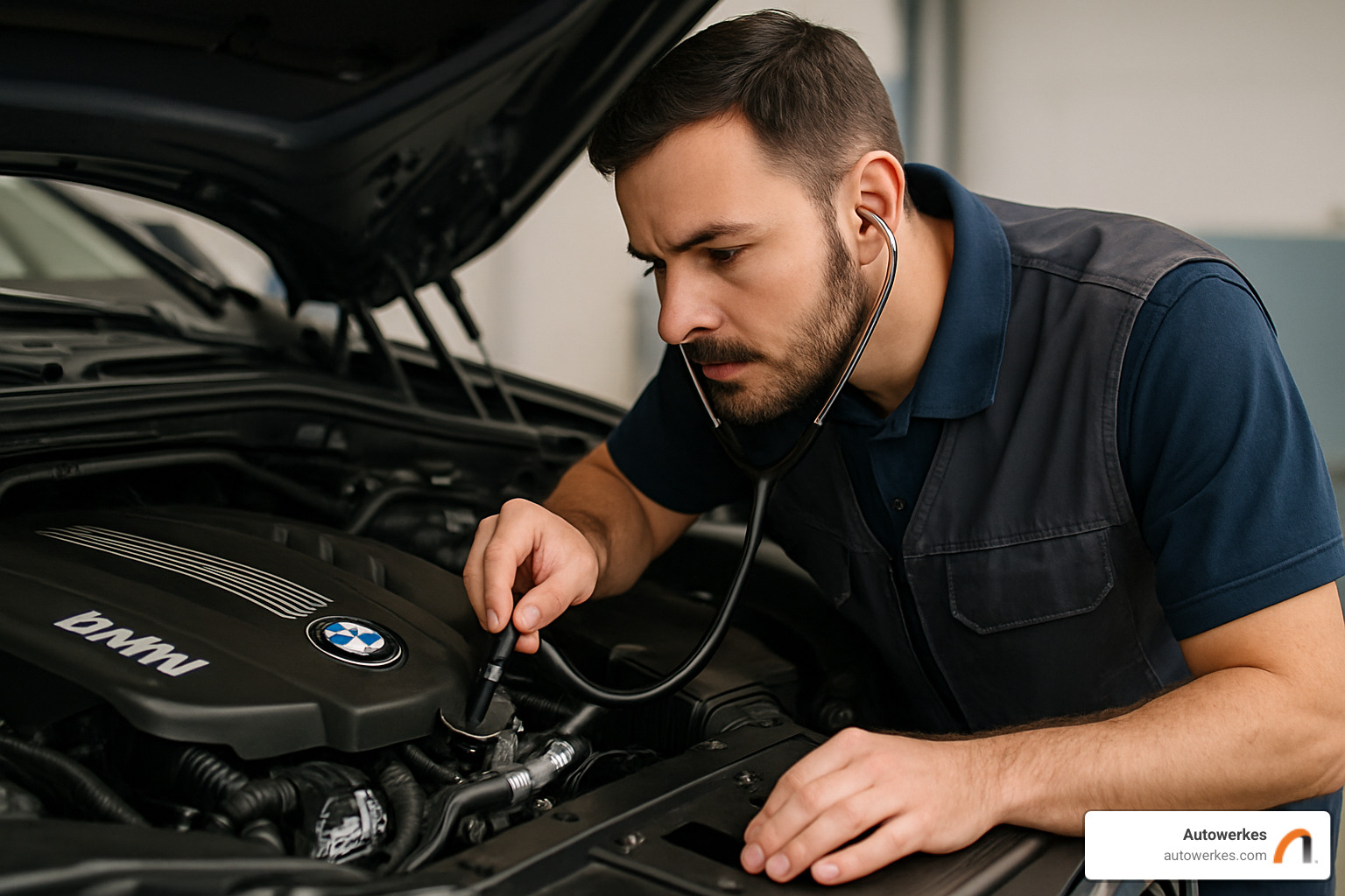 A technician listening to a BMW engine bay for AC system noises - bmw air conditioning repair