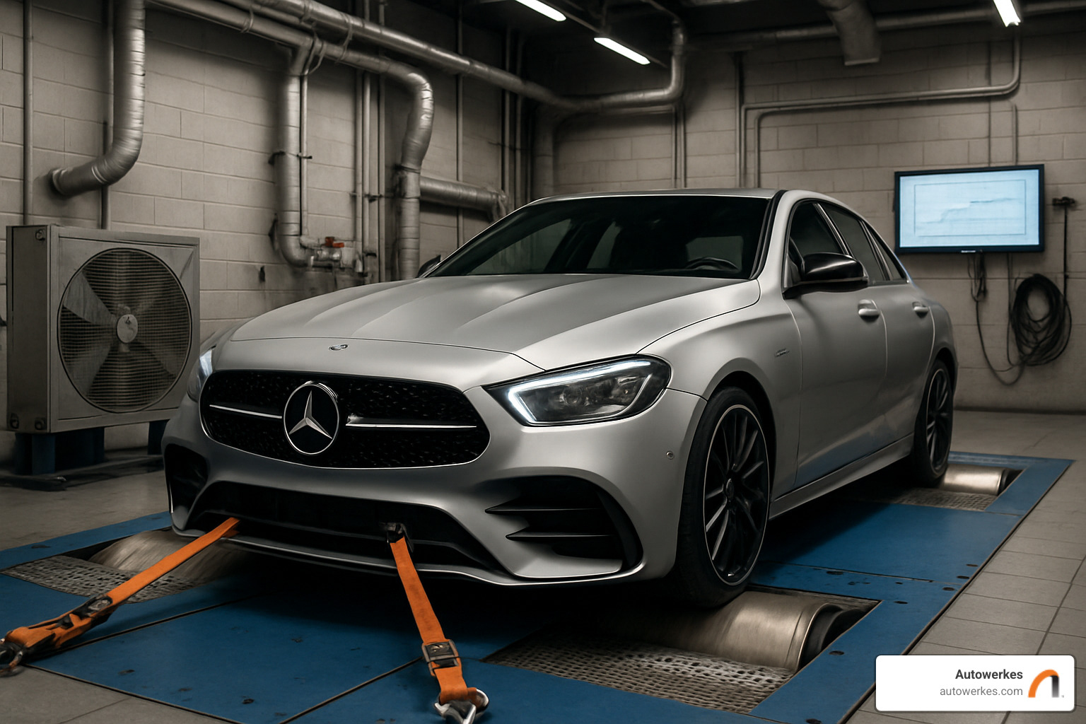 Mercedes-Benz on dynamometer for performance testing - car engine performance tuning