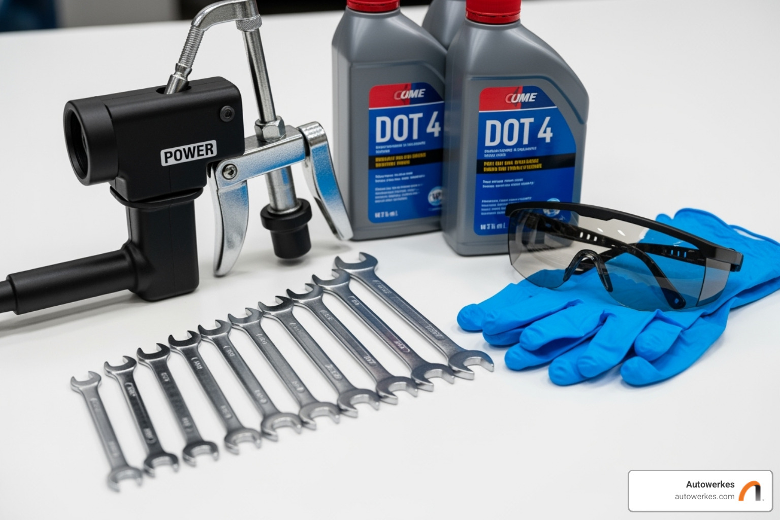 A neatly organized collection of tools and materials needed for a Porsche brake fluid change, including a power bleeder, wrenches, new brake fluid, and safety gear - Porsche brake fluid change