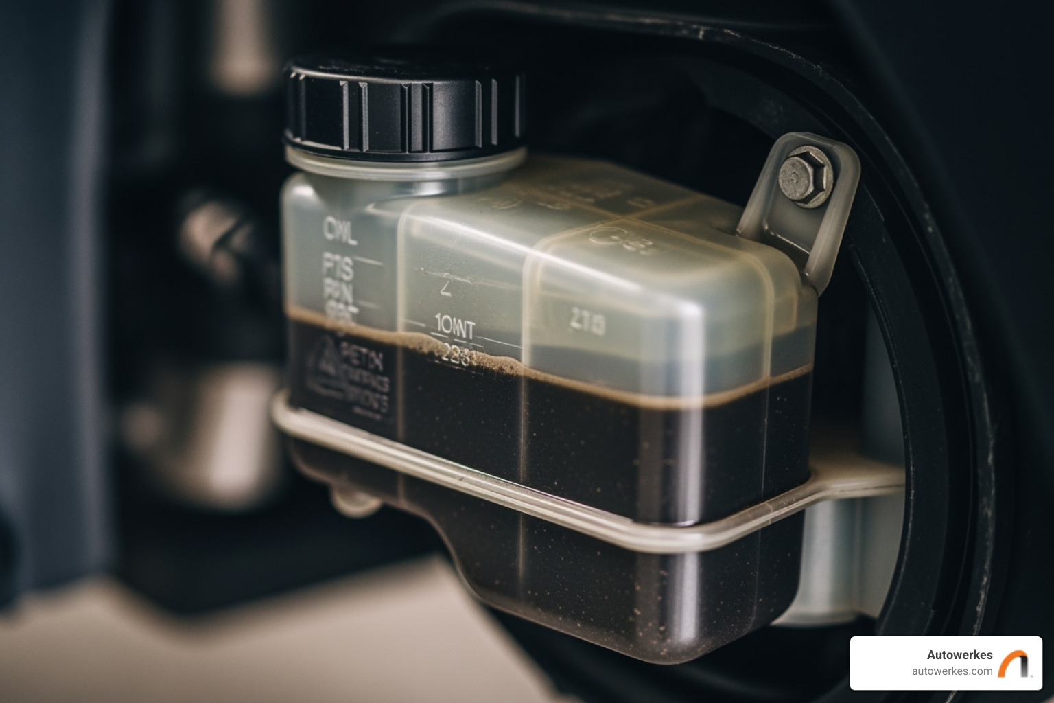 A close-up image of a Porsche brake fluid reservoir, showing dark, murky fluid, indicating it needs replacement - Porsche brake fluid change