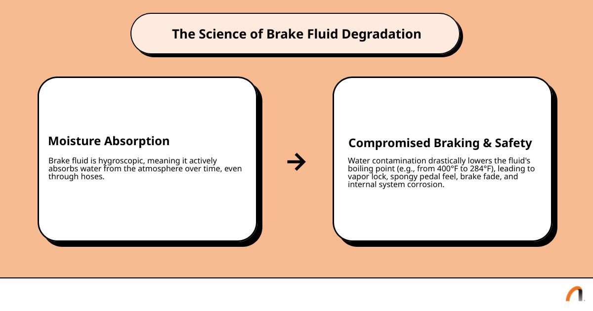 Detailed infographic showing brake fluid degradation timeline over 2 years, including moisture absorption percentage, boiling point reduction from 400°F to 284°F, and visual comparison of fresh vs. contaminated brake fluid color - Porsche brake fluid change infographic cause_effect_text