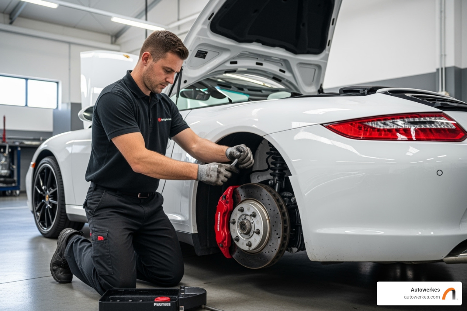 A skilled Autowerkes technician carefully working on a Porsche's braking system in a clean, professional service bay - Porsche brake fluid change