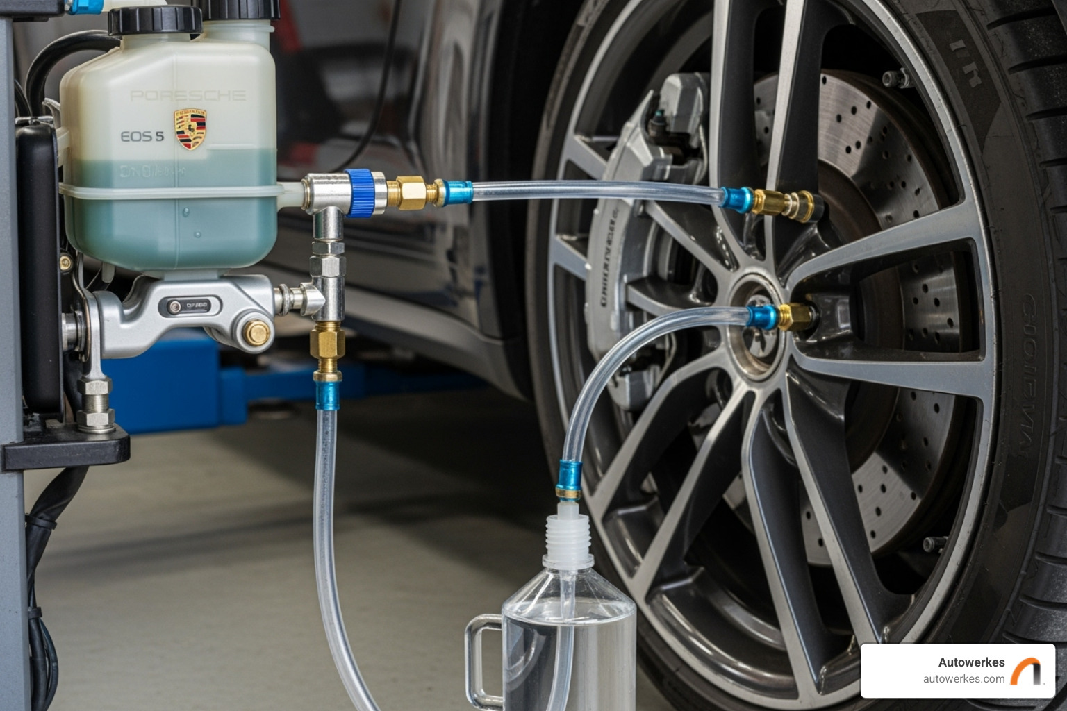 A power bleeder attached to a Porsche brake fluid reservoir, with a clear hose leading from a brake caliper into a fluid catch bottle, showing the process of fluid exchange - Porsche brake fluid change
