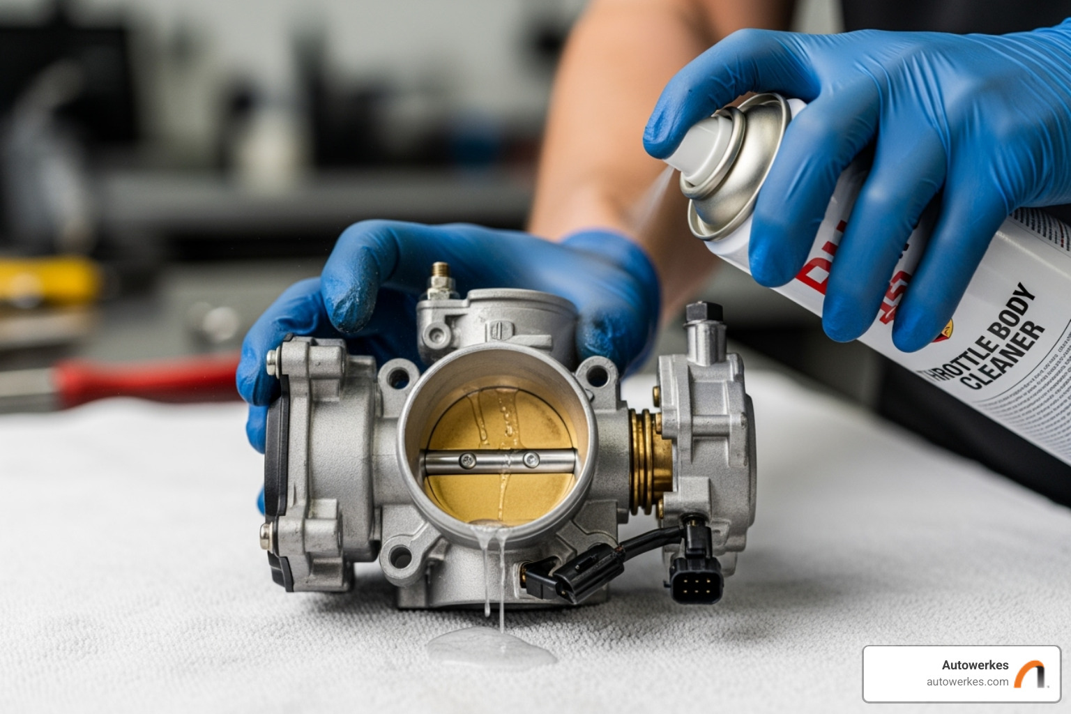 of a technician's hands carefully spraying cleaner onto a removed Porsche throttle body - Porsche throttle body cleaning