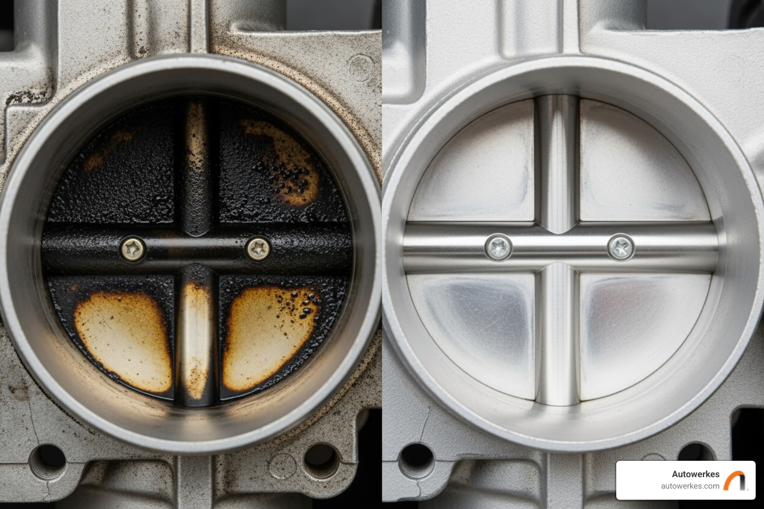 of a dirty throttle body butterfly valve caked in black carbon, contrasted with a sparkling clean one - Porsche throttle body cleaning