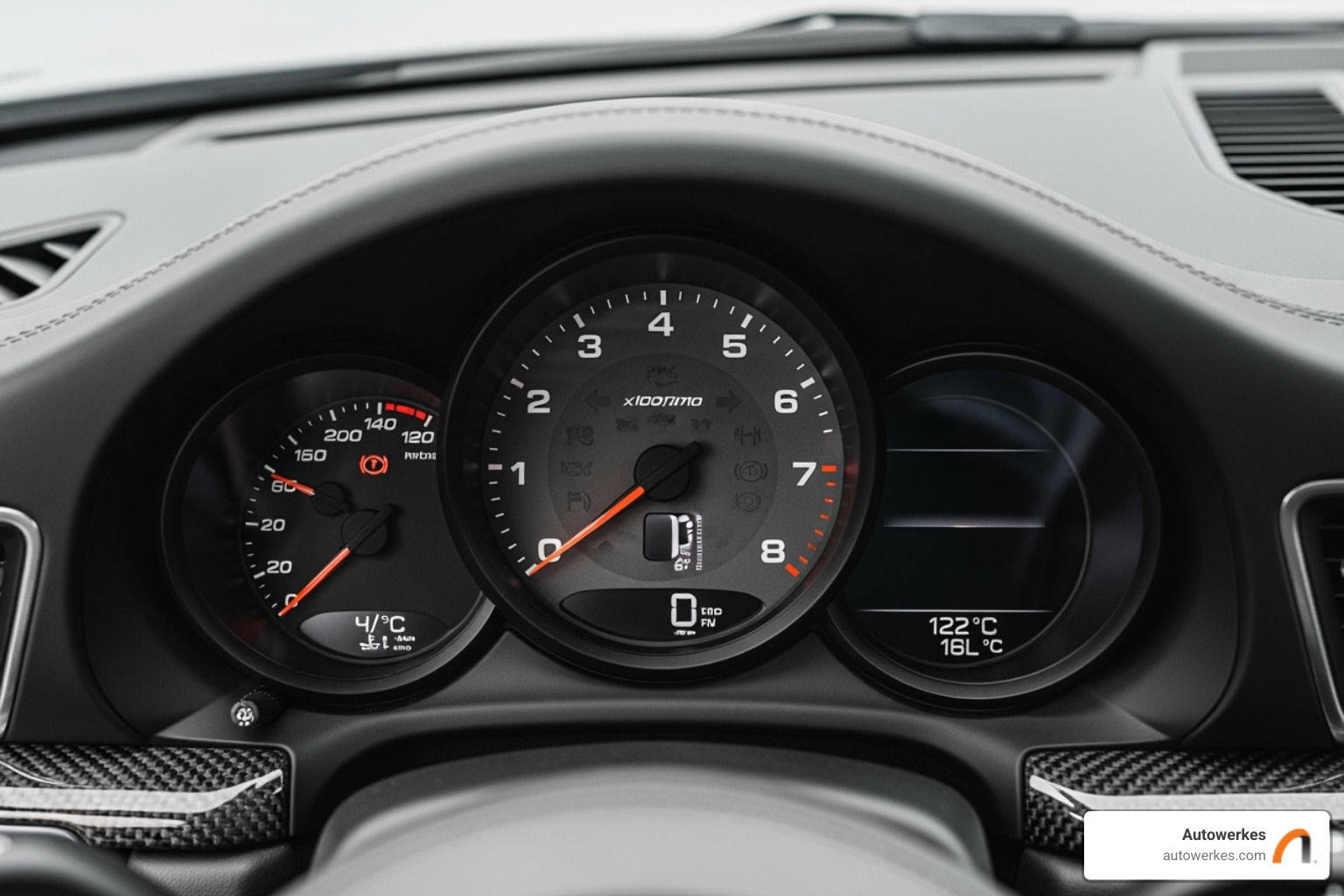 of a Porsche dashboard displaying normal idle RPM after a successful cleaning - Porsche throttle body cleaning