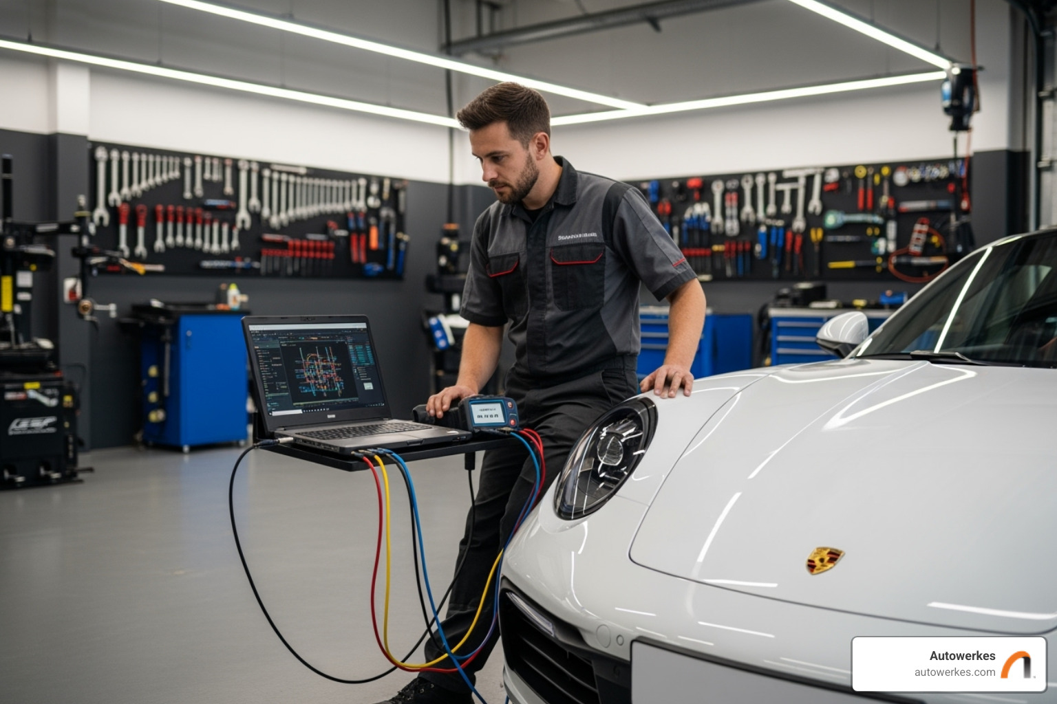 of a technician at Autowerkes using advanced diagnostic equipment on a Porsche - Porsche throttle body cleaning