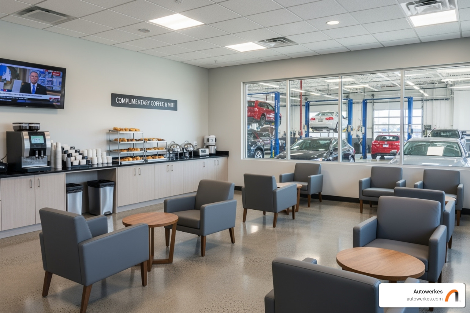 Autowerkes’ clean and modern auto shop waiting area with amenities - Porsche auto repair near me