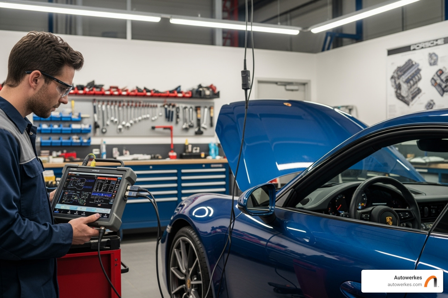 Autowerkes technician using a PIWIS diagnostic tool on a Porsche - Porsche auto repair near me