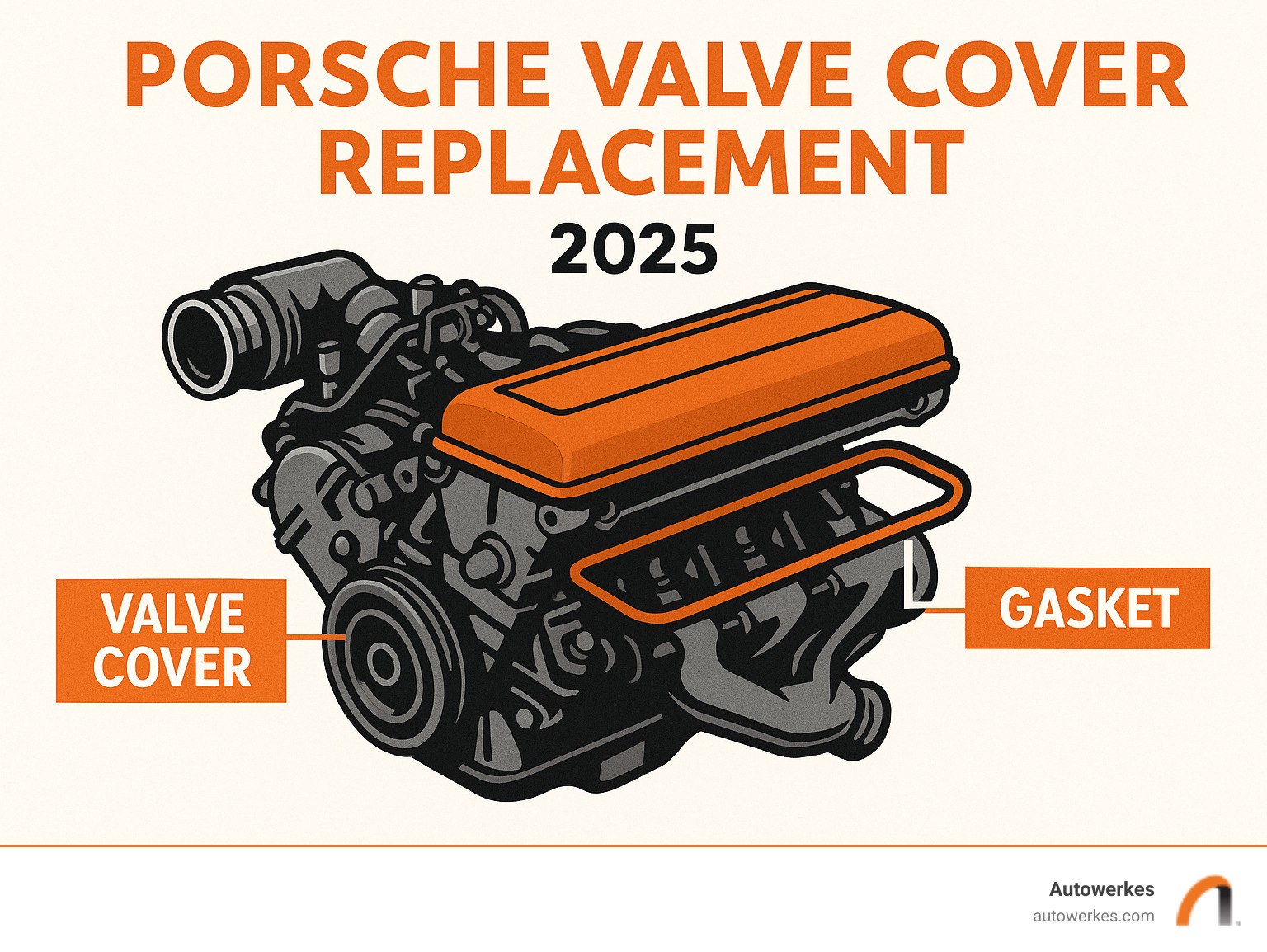 diagram of a Porsche engine showing the valve cover and gasket location - Porsche valve cover replacement infographic 