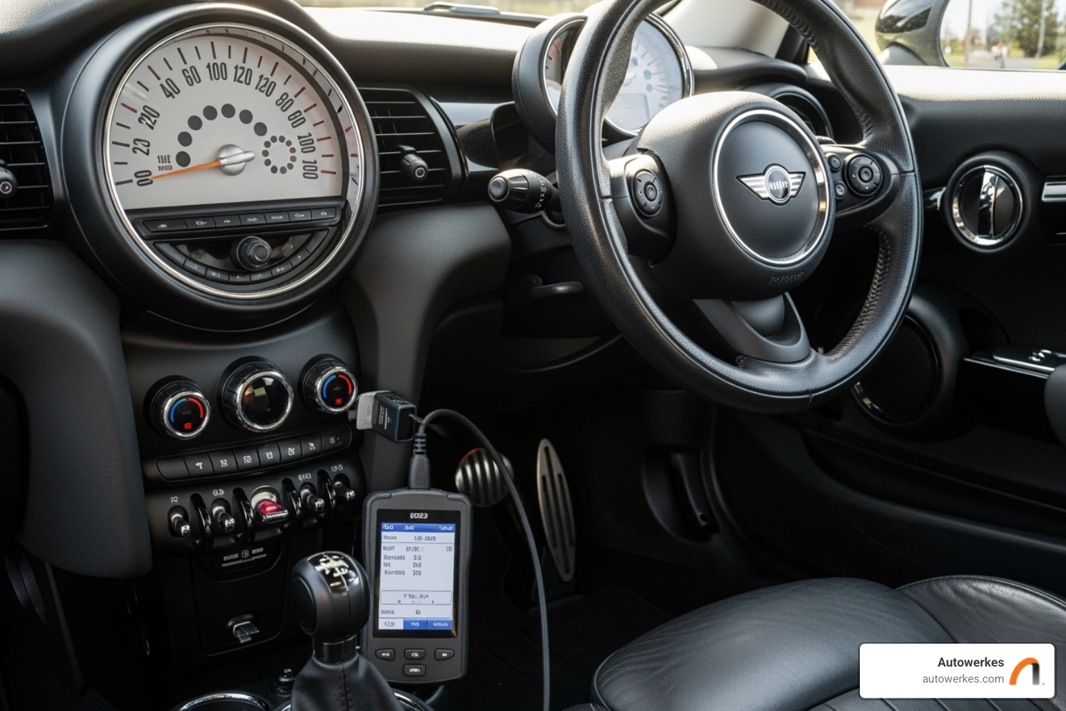 Image of an OBD2 scanner plugged into a Mini Cooper's port - mini cooper battery replacement
