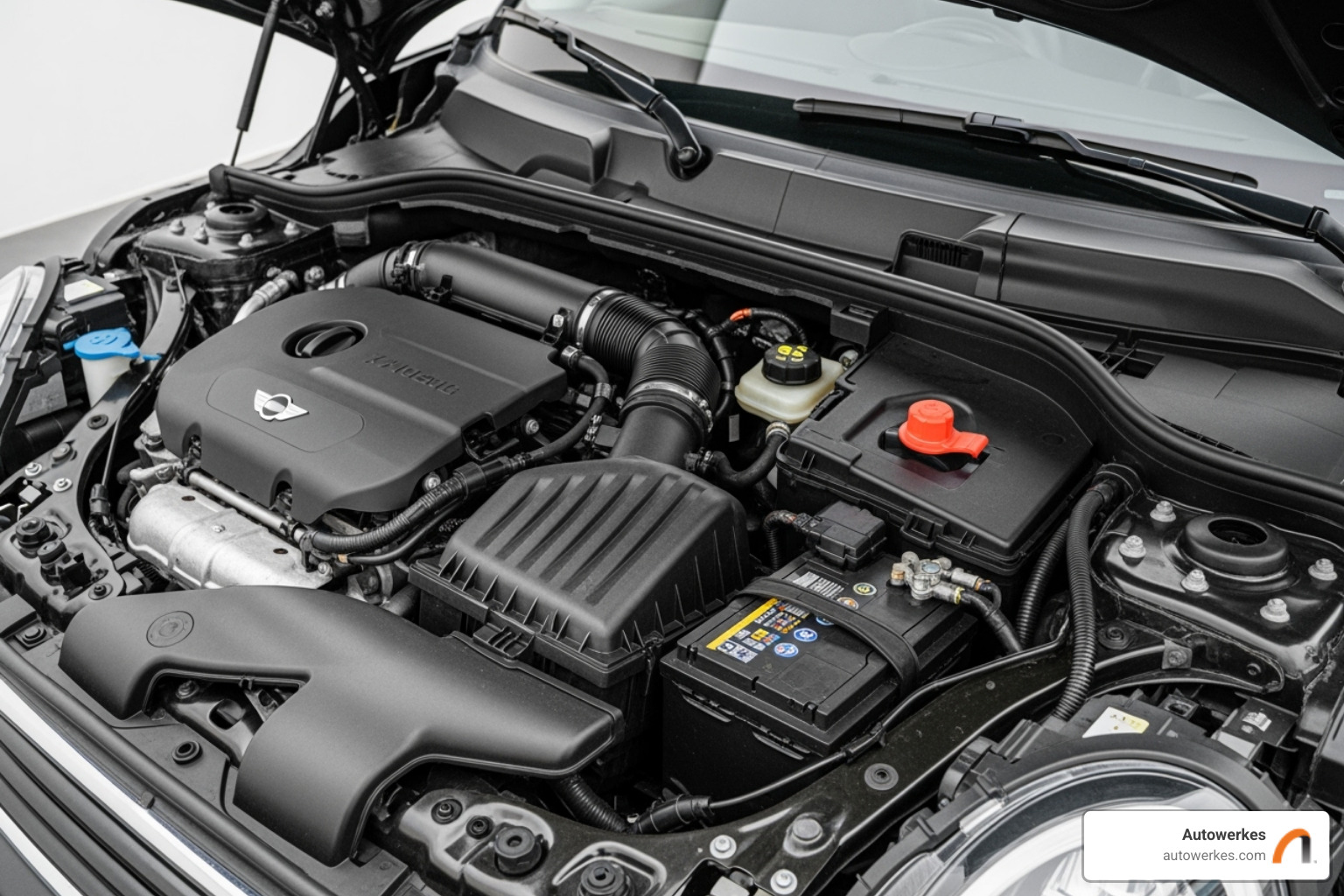 Image showing the battery location in a Mini Cooper engine bay - mini cooper battery replacement