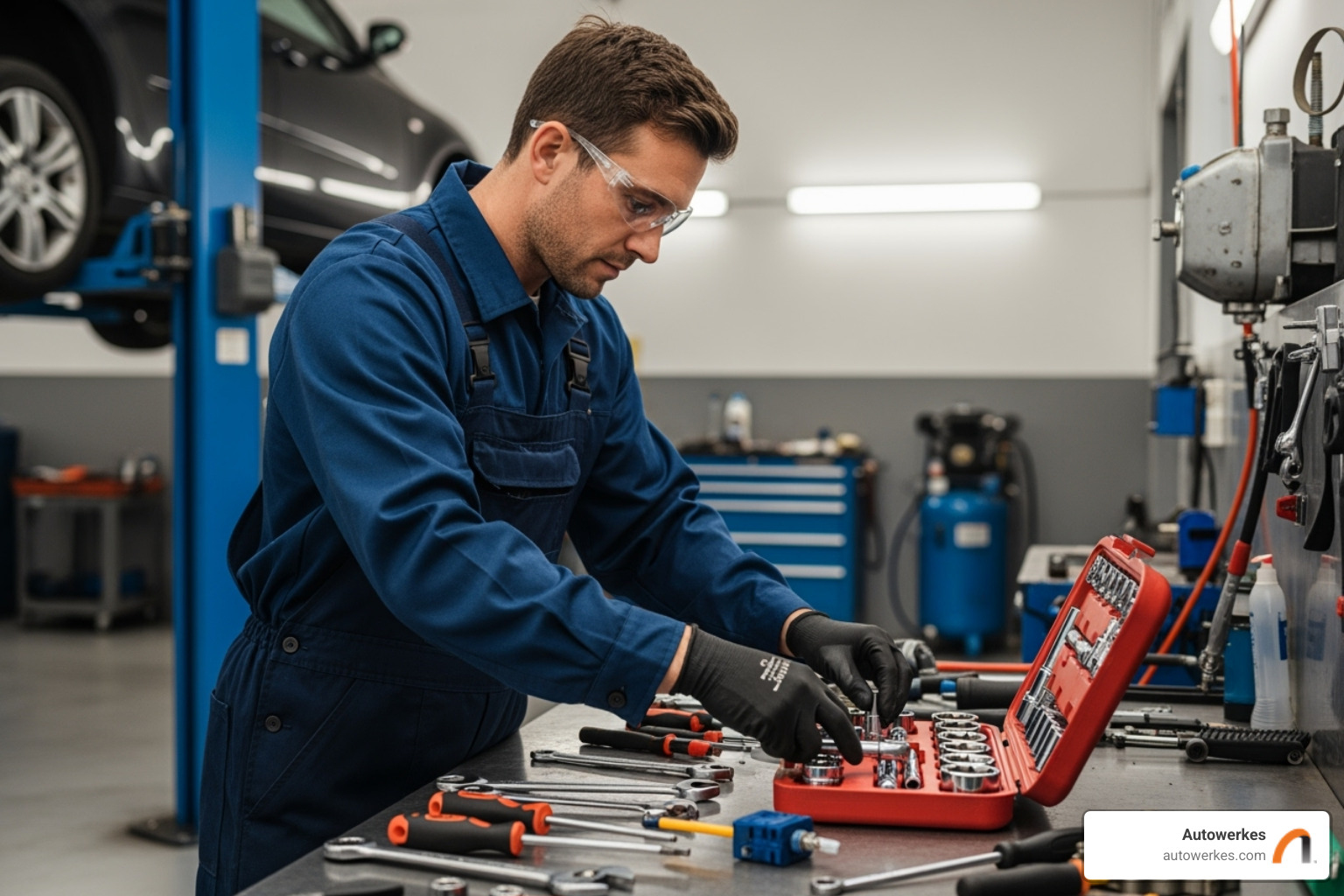 Autowerkes technician preparing tools: socket set, wrench, terminal cleaner, gloves, and safety glasses - mini cooper battery replacement