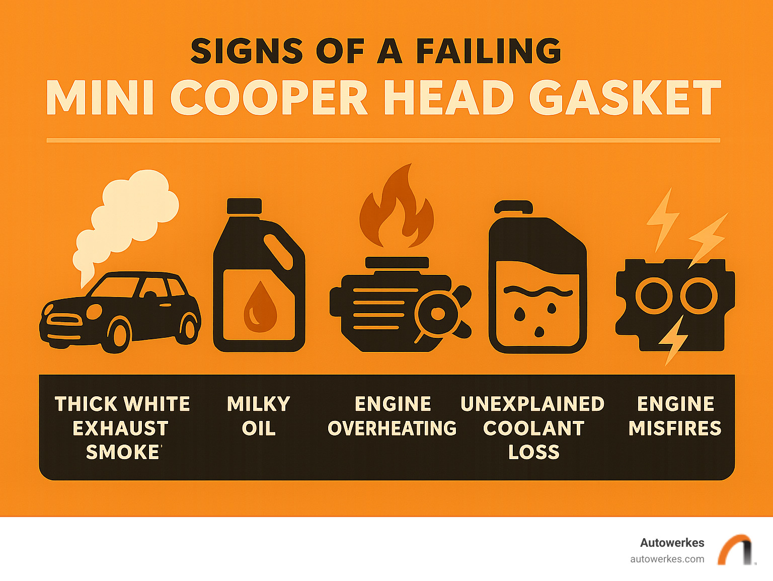 Infographic outlining the key signs of a failing Mini Cooper head gasket, including thick white exhaust smoke, milky oil, engine overheating, unexplained coolant loss, and engine misfires. - mini cooper head gasket infographic 