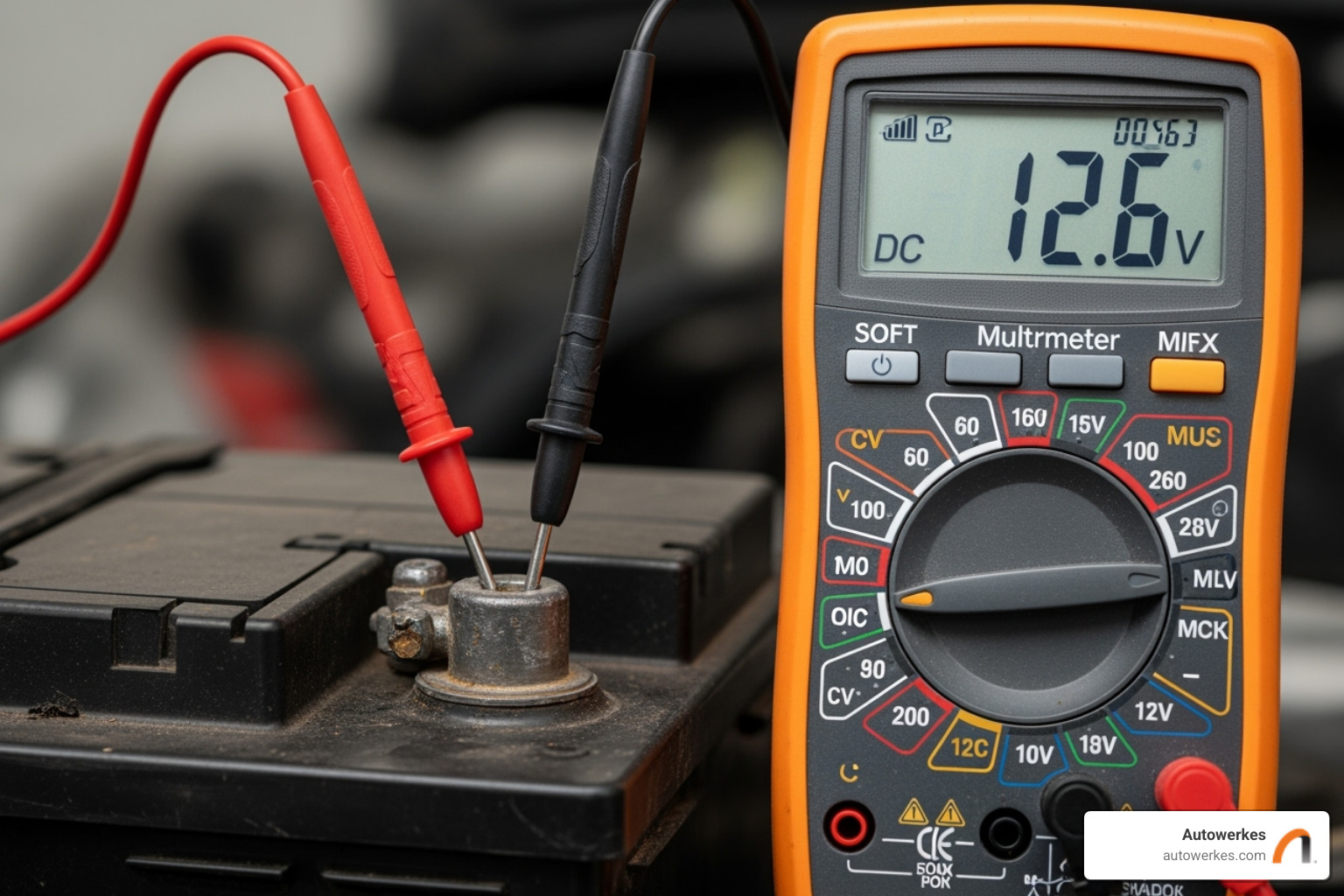 multimeter being used to test a car battery's voltage - mini cooper electrical issues