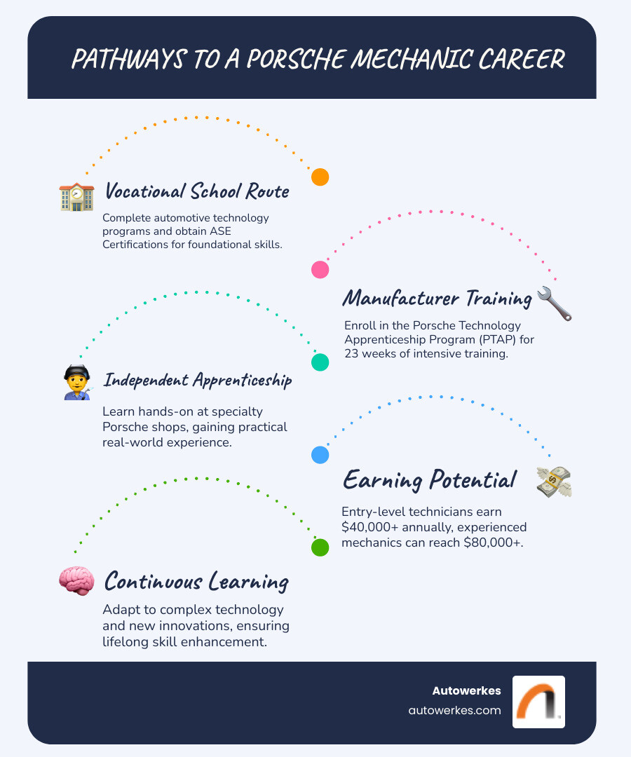 Infographic showing three pathways to becoming a Porsche mechanic: vocational school leading to ASE certification, manufacturer PTAP program with 23-week training, and independent apprenticeship at specialty shops, with salary progression from $40k+ entry level to $80k+ for experienced technicians - porsche mechanic infographic infographic-line-5-steps-blues-accent_colors