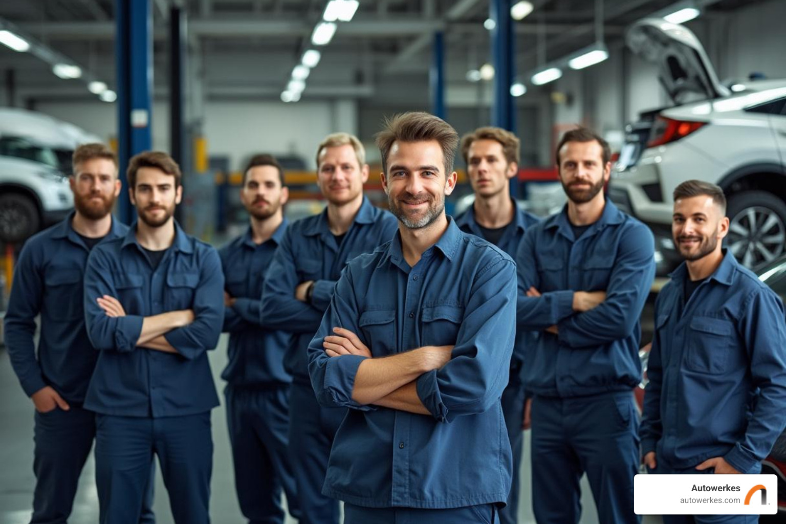 Autowerkes team standing proudly in their workshop - porsche mechanic