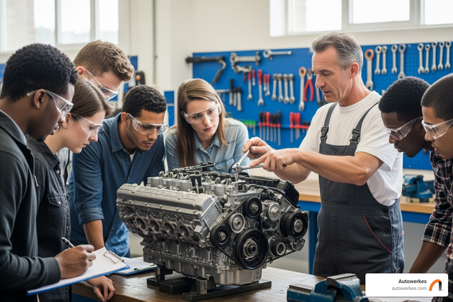 training session with students and an instructor working on a Porsche engine - porsche mechanic