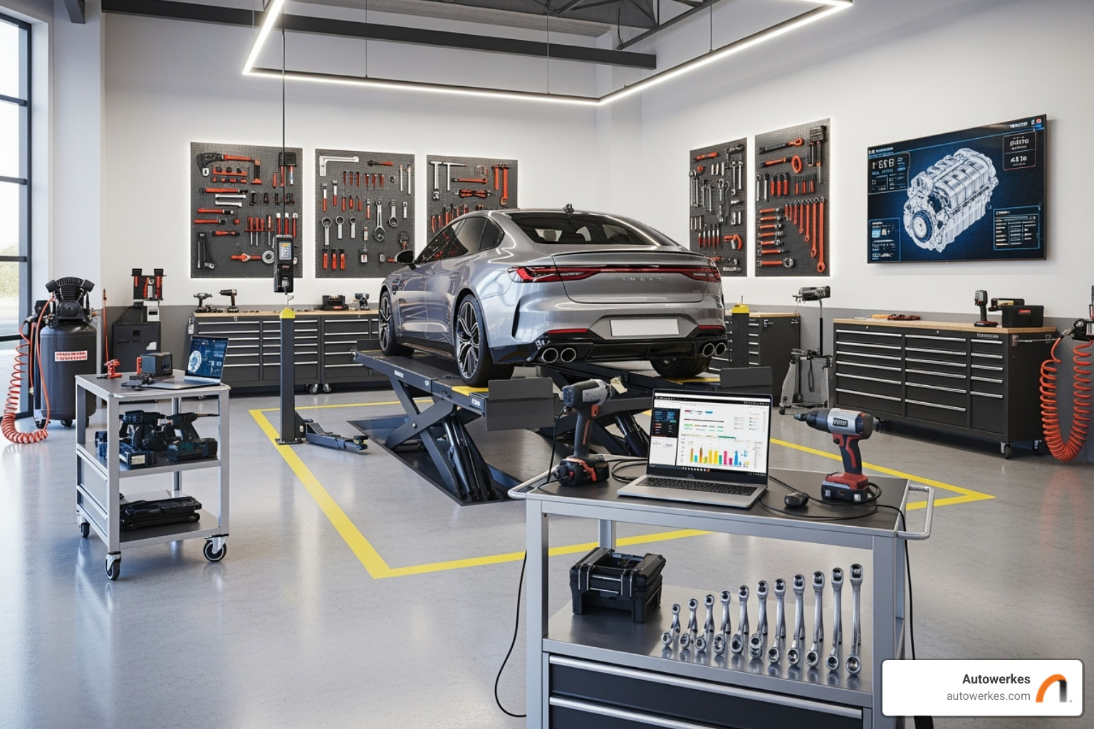clean, modern Autowerkes service bay with tools and equipment - porsche mechanic