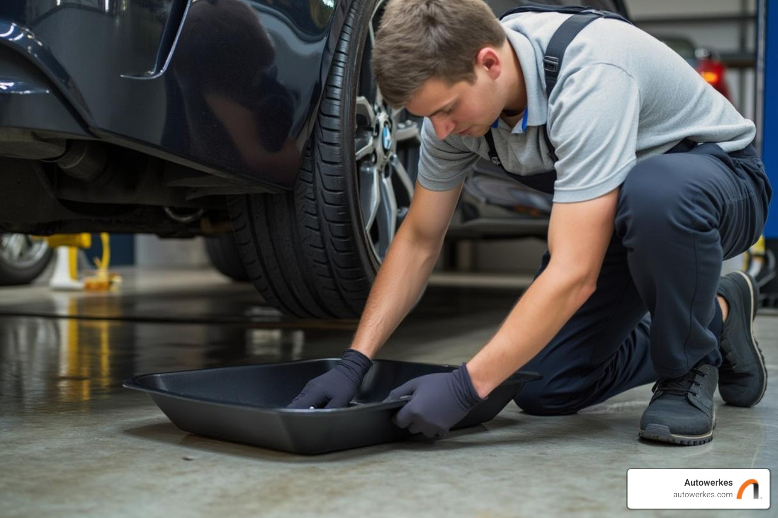 technician safely positioning a drain pan under a BMW differential - BMW rear differential fluid change