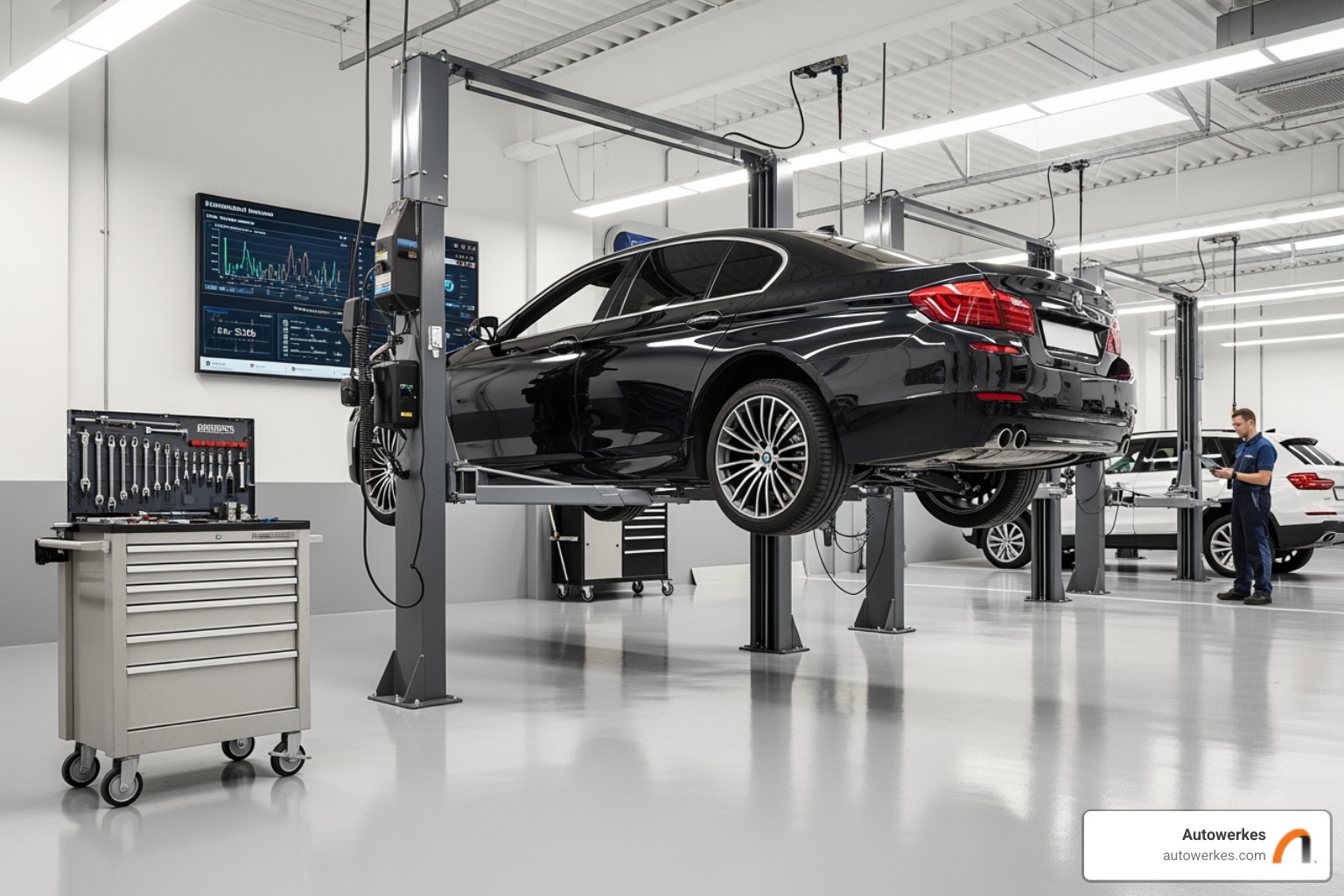 Autowerkes service bay with a BMW on a lift - BMW rear differential fluid change