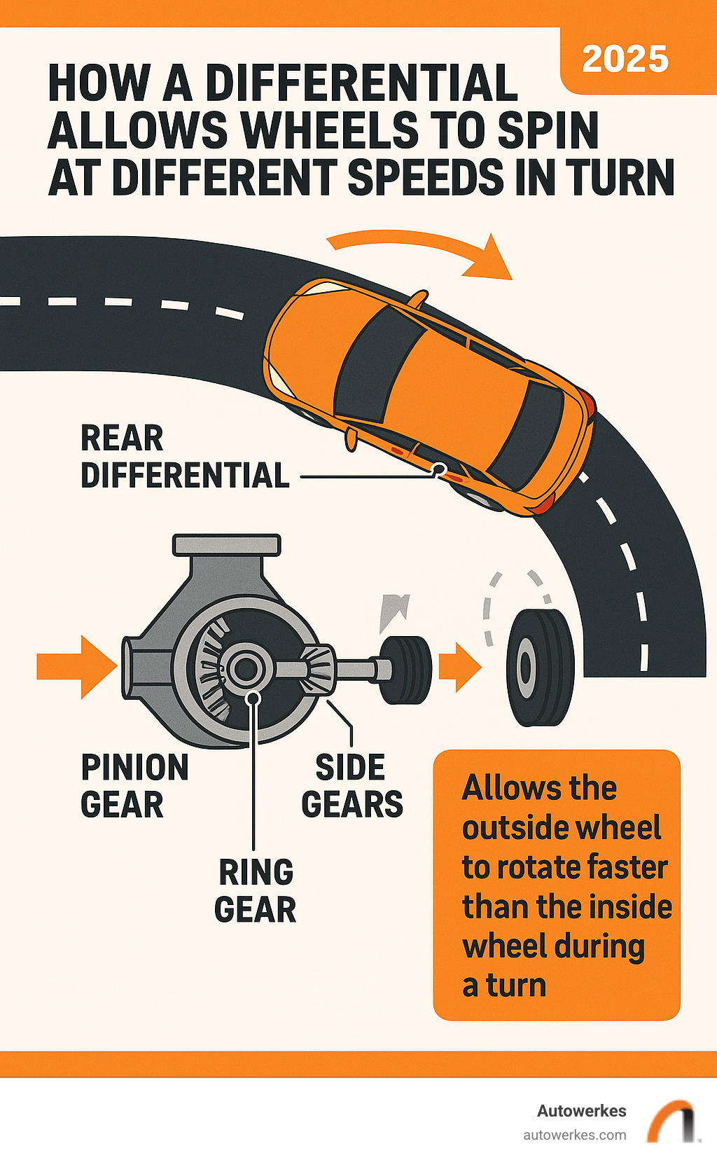 Infographic explaining how a differential allows wheels to spin at different speeds in a turn - BMW rear differential fluid change infographic 