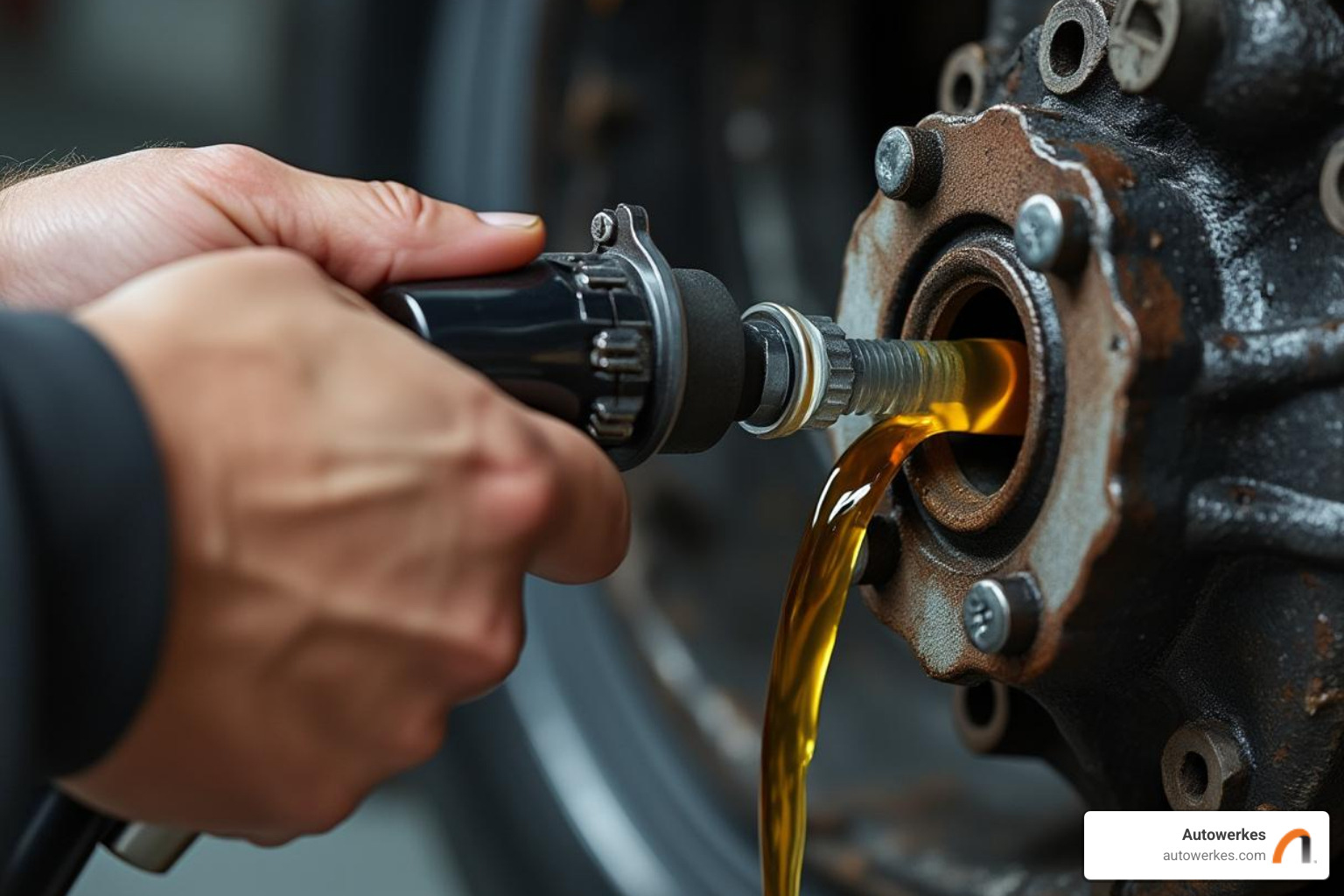 fresh fluid being pumped into the differential fill hole - BMW rear differential fluid change