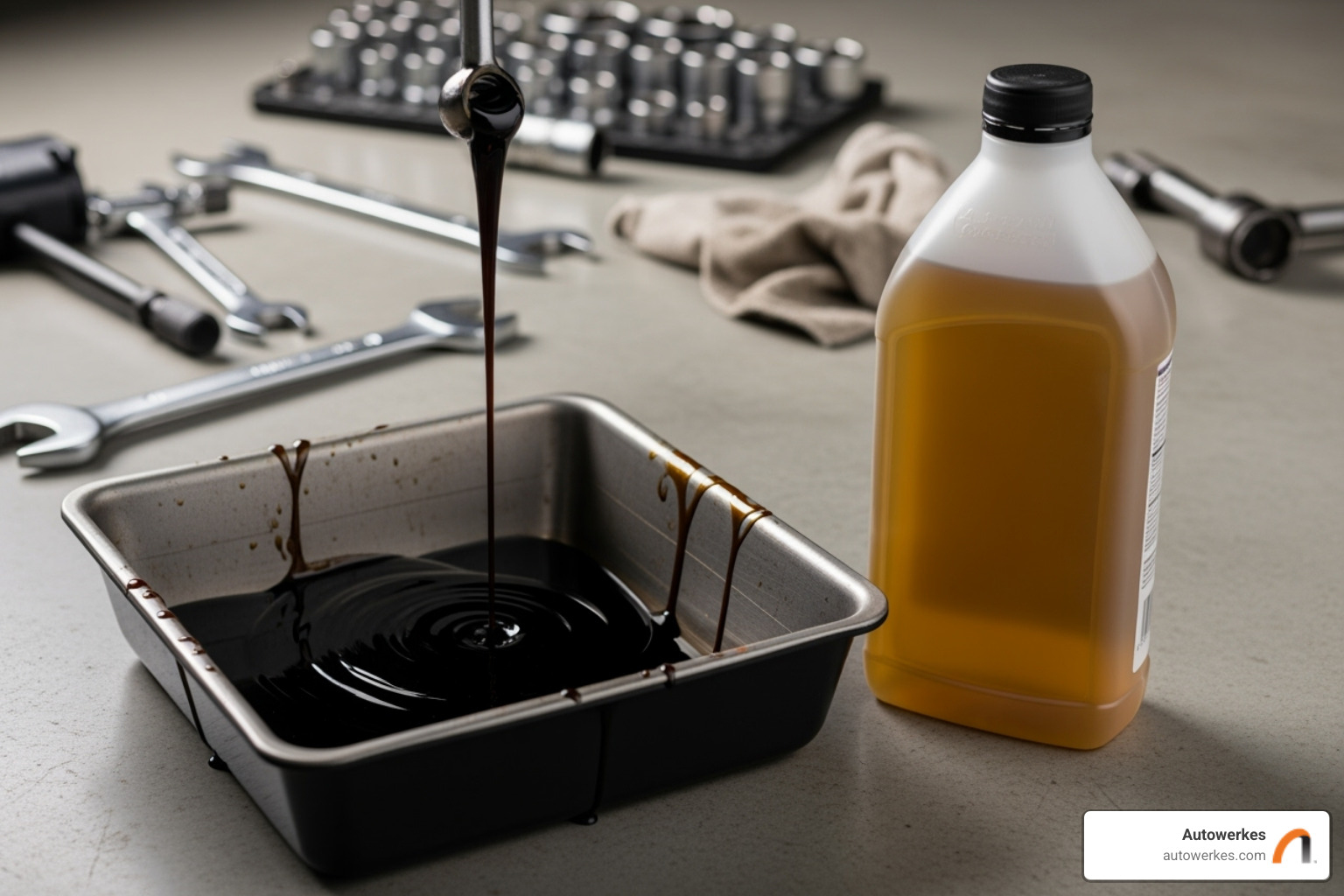 old, dark differential fluid in a drain pan next to a bottle of new, clear fluid - BMW rear differential fluid change