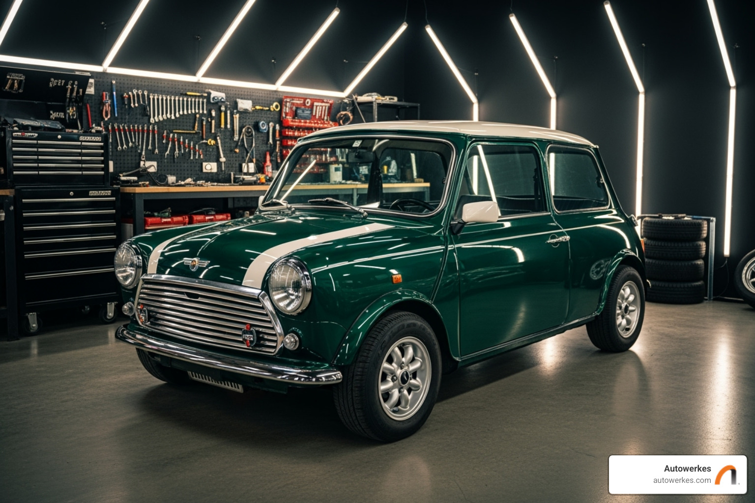 A well-maintained Mini Cooper gleaming under garage lights - European vehicle maintenance
