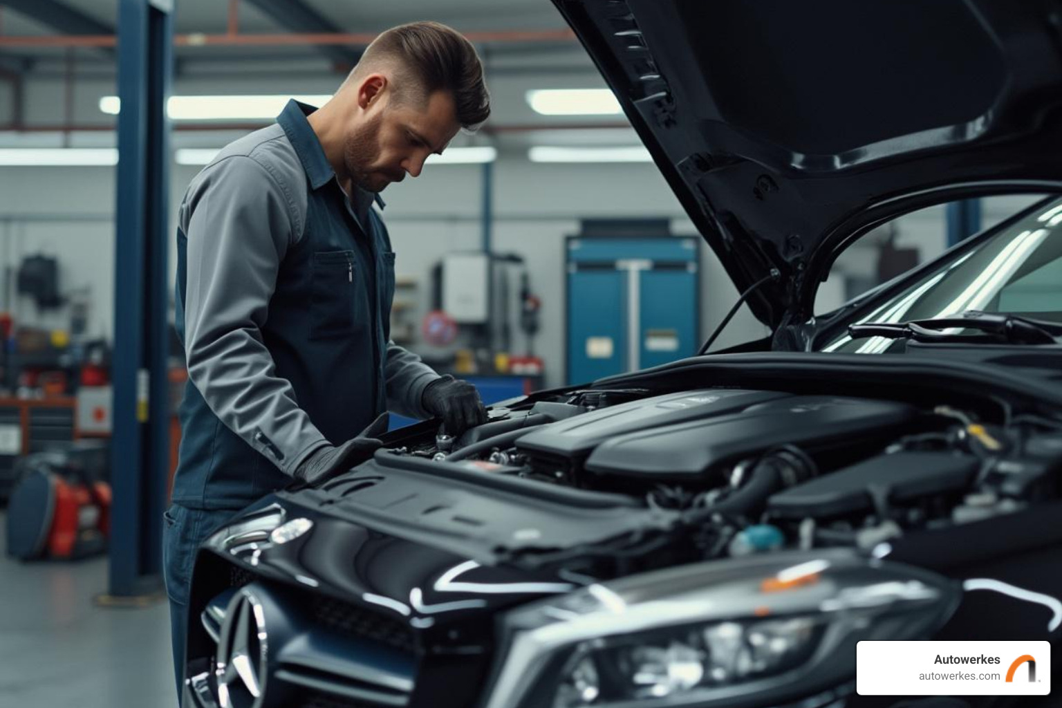 A technician carefully inspecting a Mercedes-Benz engine bay - European vehicle maintenance