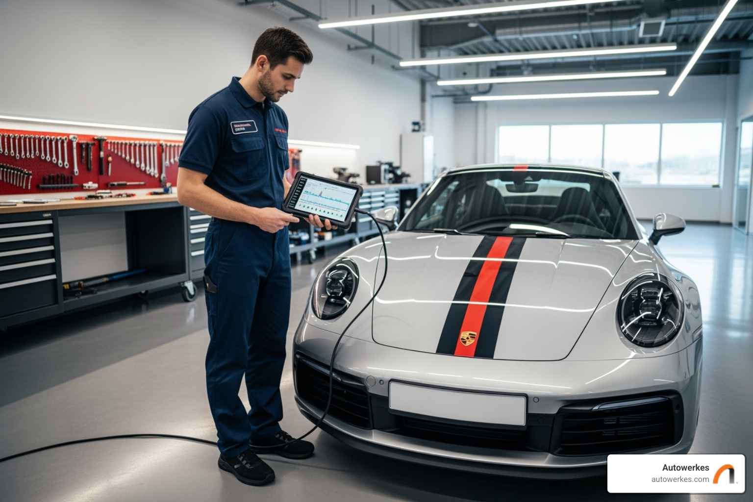 Technician using a diagnostic tool on a Porsche - porsche auto service