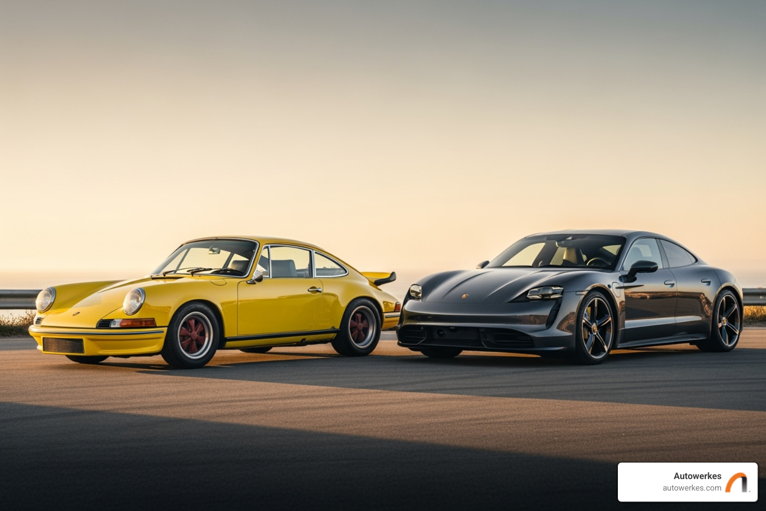 Classic air-cooled Porsche next to a modern water-cooled model - porsche auto service