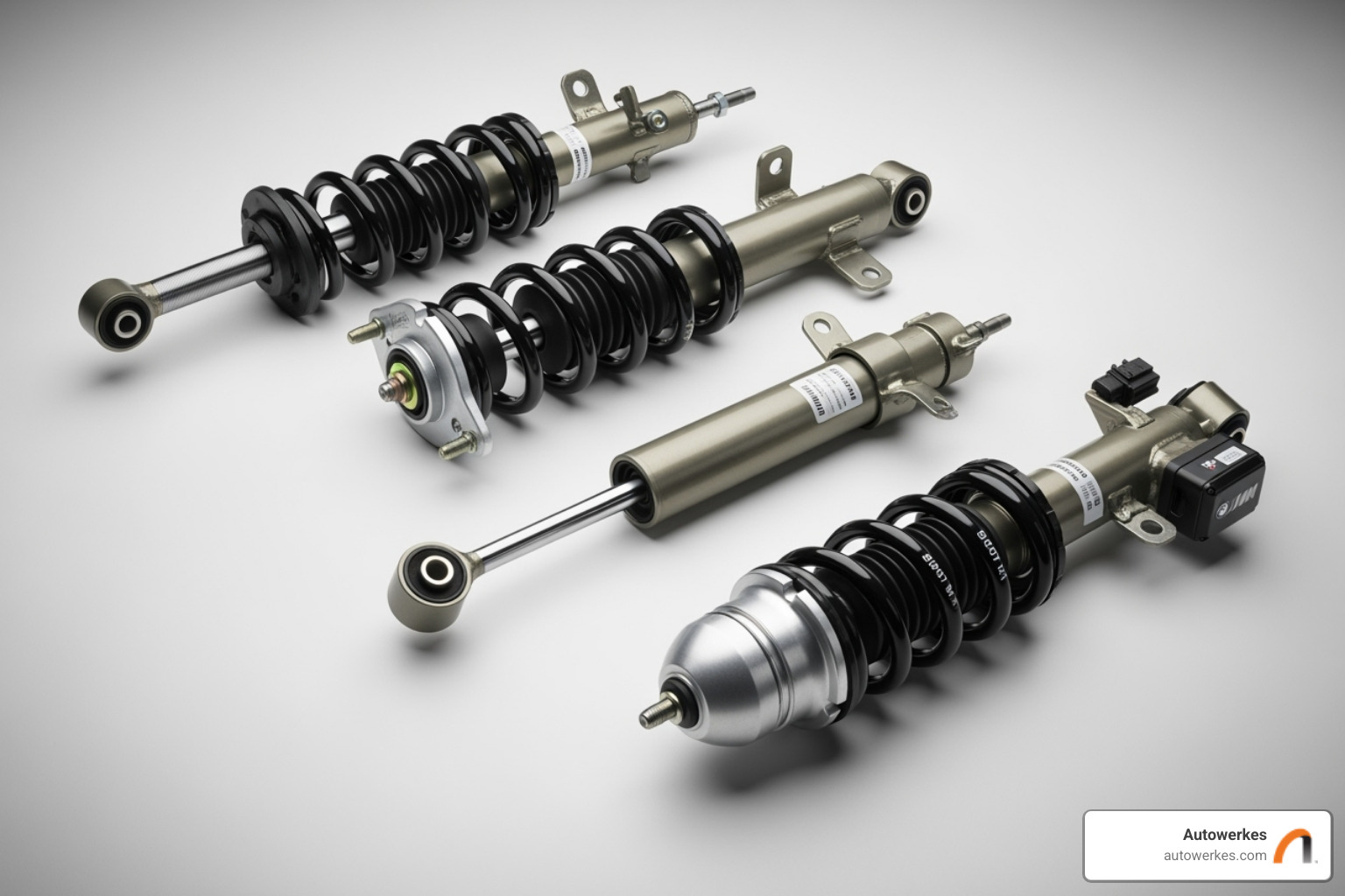 Different types of BMW shocks laid out, showing standard, sport, and adaptive versions. - bmw shock replacement