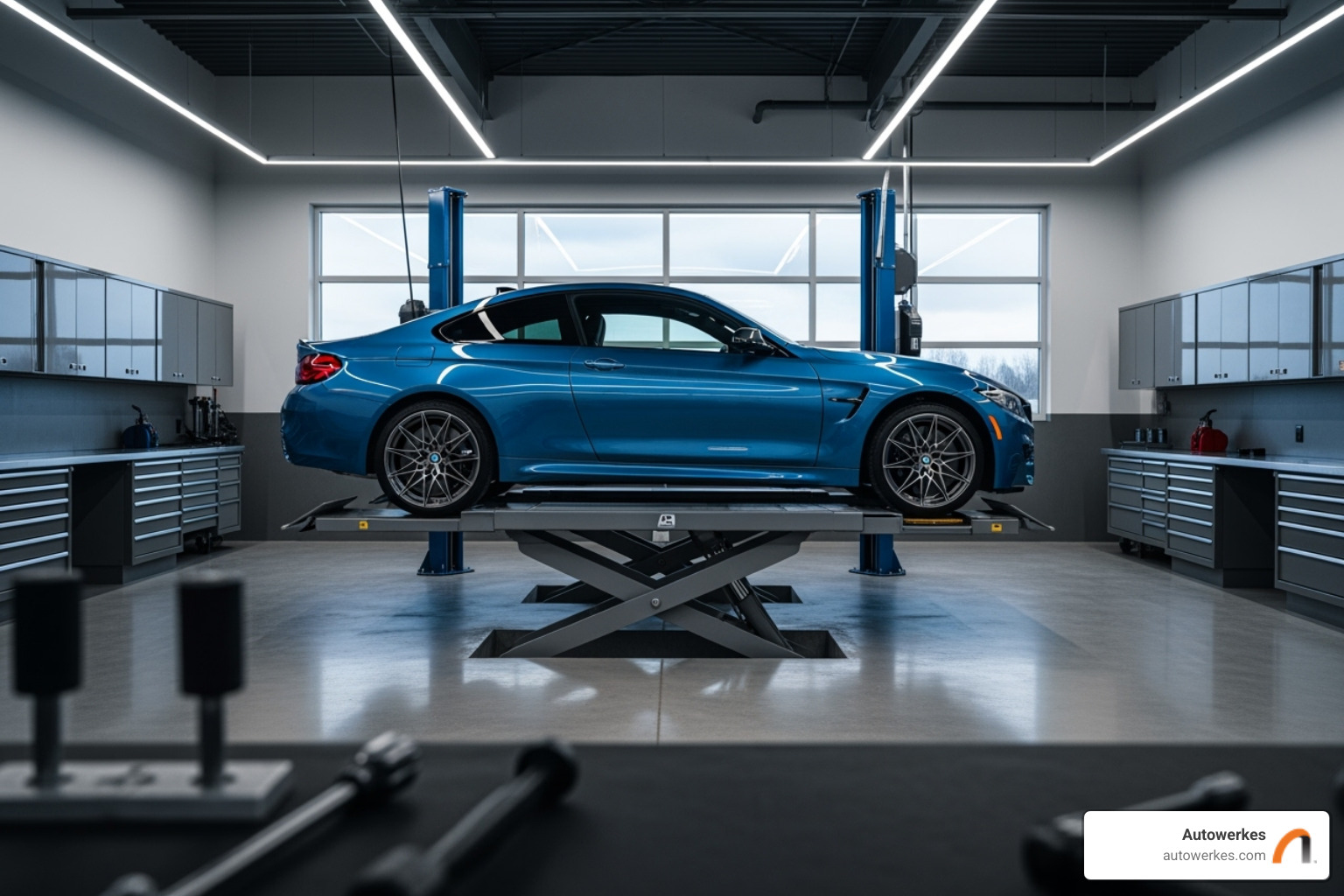 The Autowerkes service bay with a clean BMW on a vehicle lift. - bmw shock replacement
