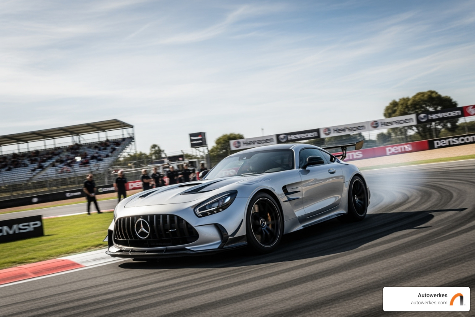 Mercedes-Benz cornering on a track, highlighting its low stance - performance car parts