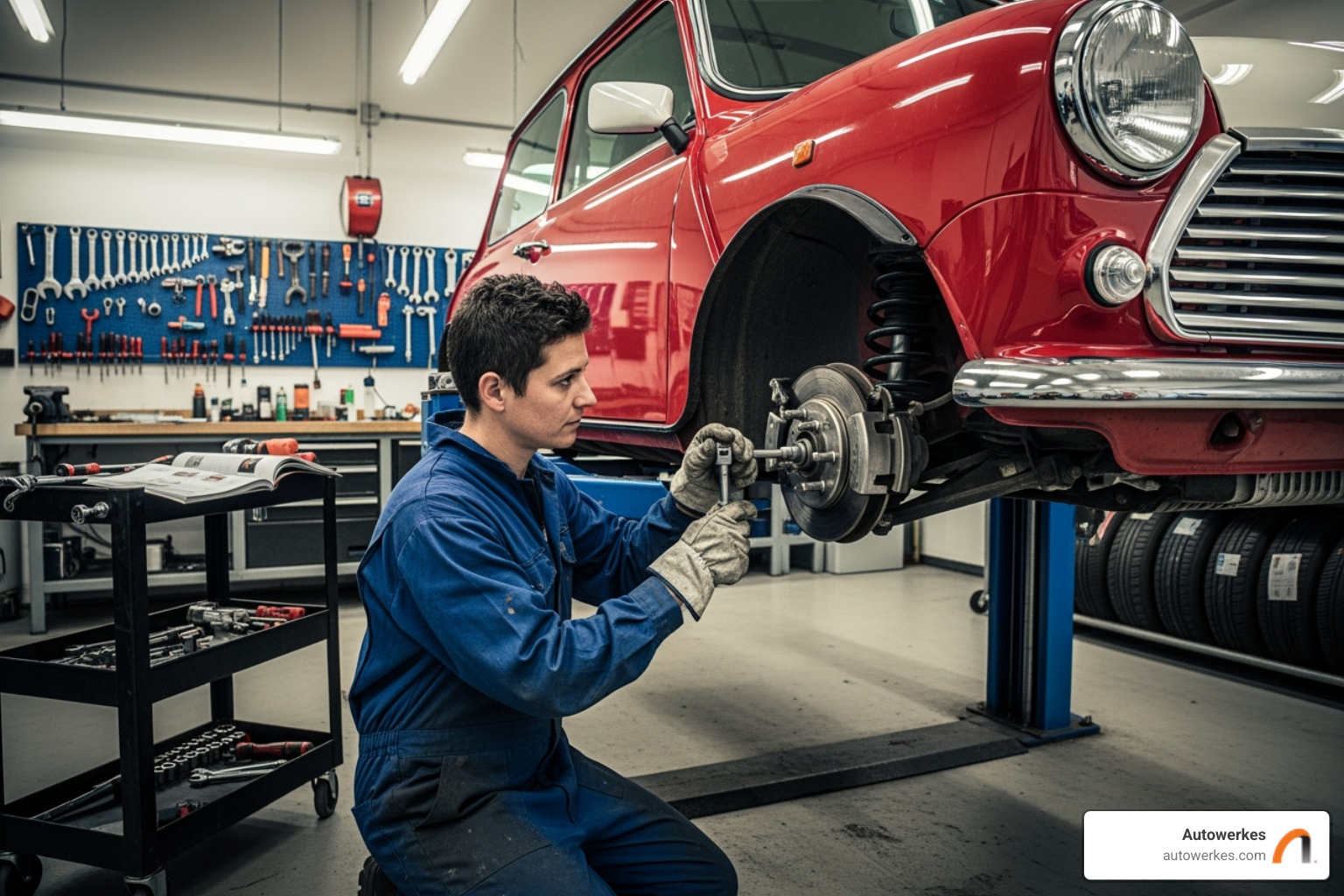Autowerkes technician working on a Mini Cooper's suspension - performance car parts